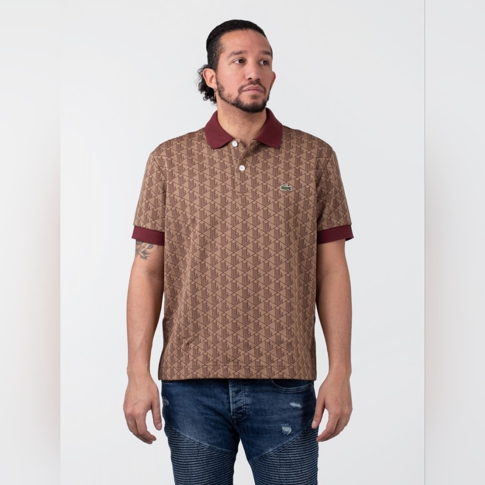 Lacoste Brown Patterned Polo Shirt with Burgundy Trim